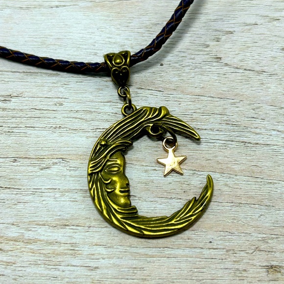 Handmade Antique Bronze Moon & Star Necklace with Real Braided Leather Cord! - Picture 2 of 6